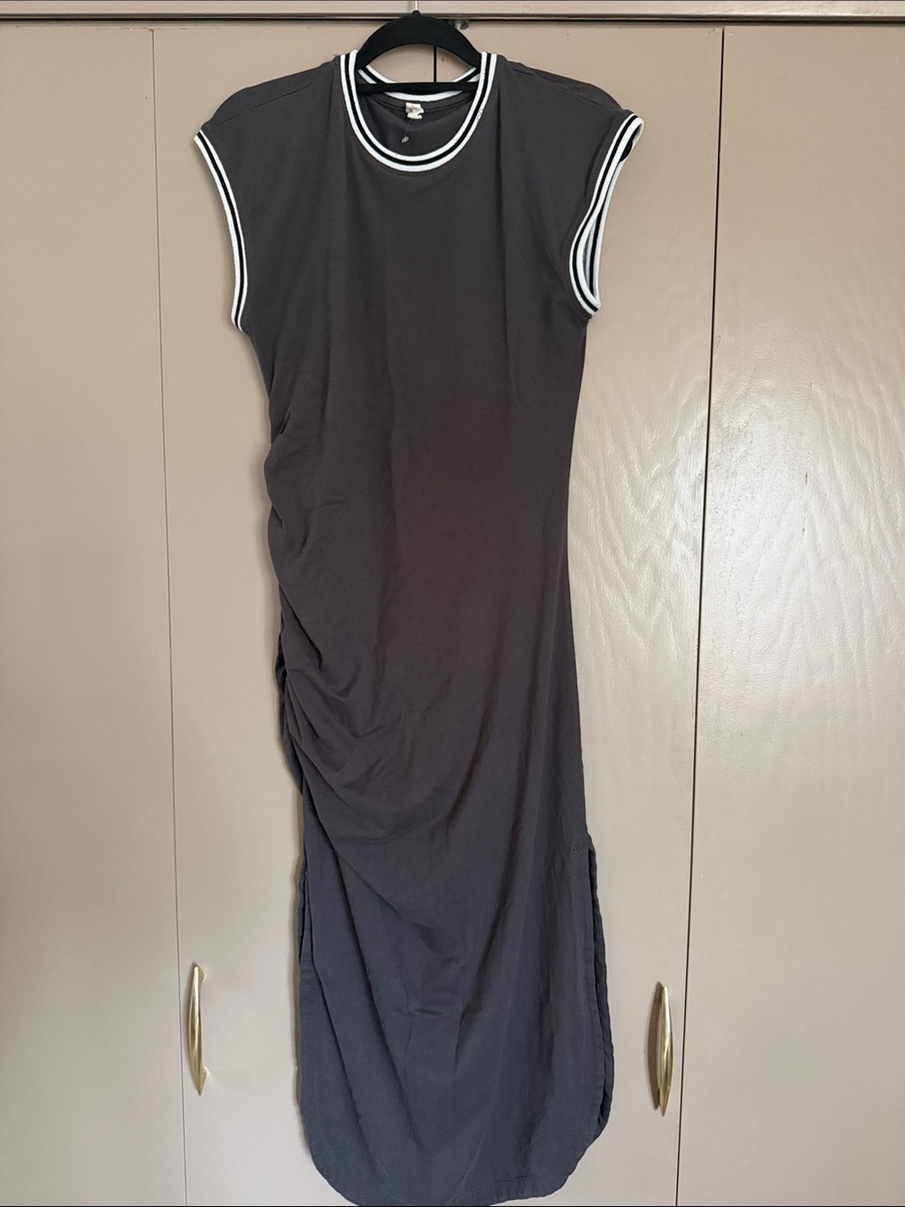 Daily Practice Sleeveless Black Maxi Dress with White-Trim Crew Neckline